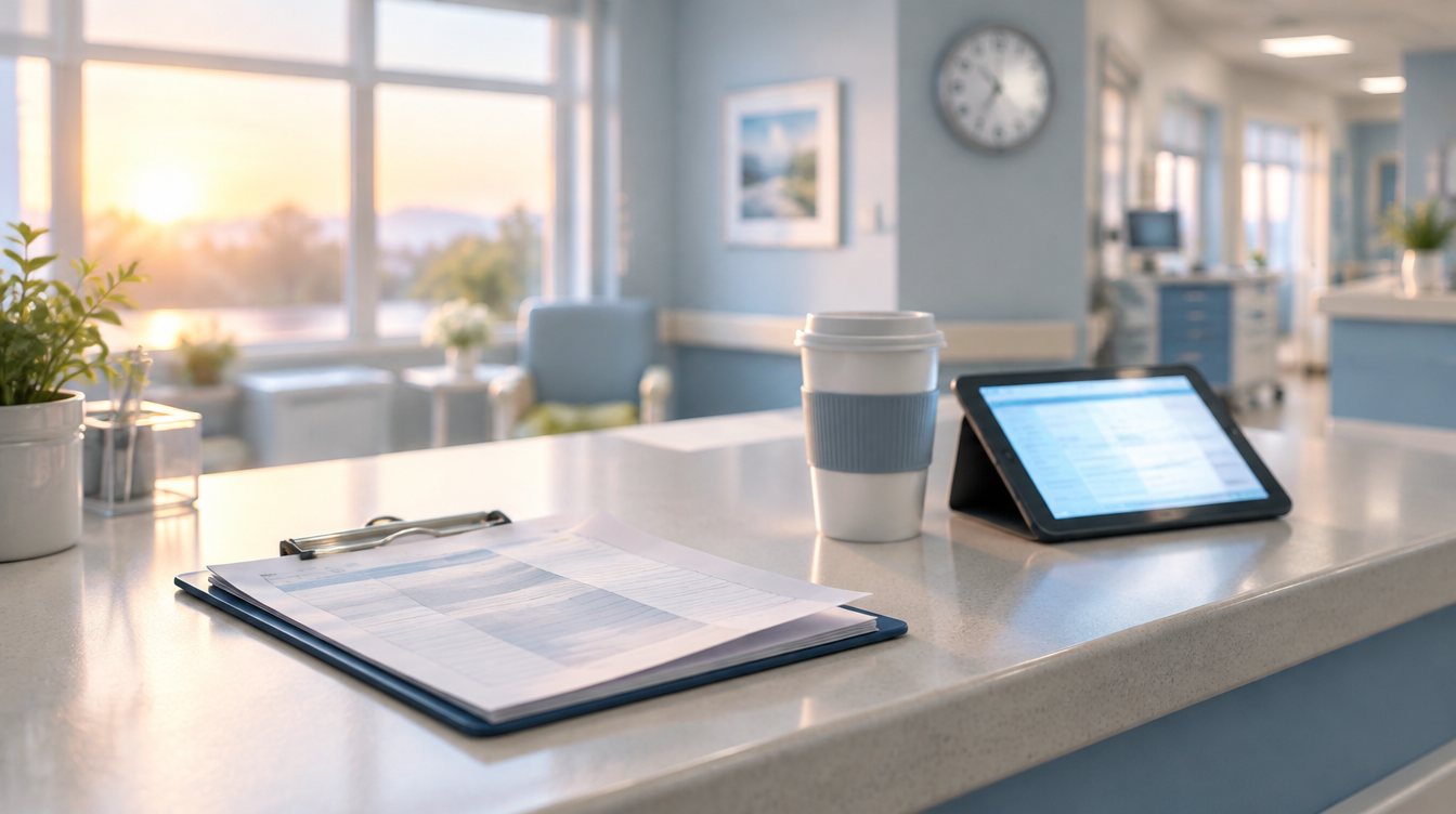 Early morning at a nursing station with a handoff sheet, coffee and a tablet