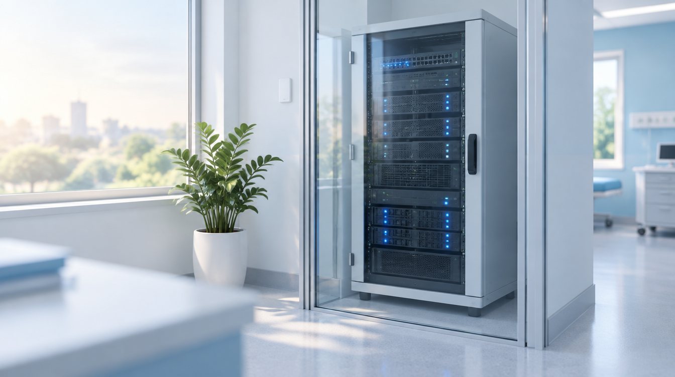 A small private server cabinet in a bright healthcare office