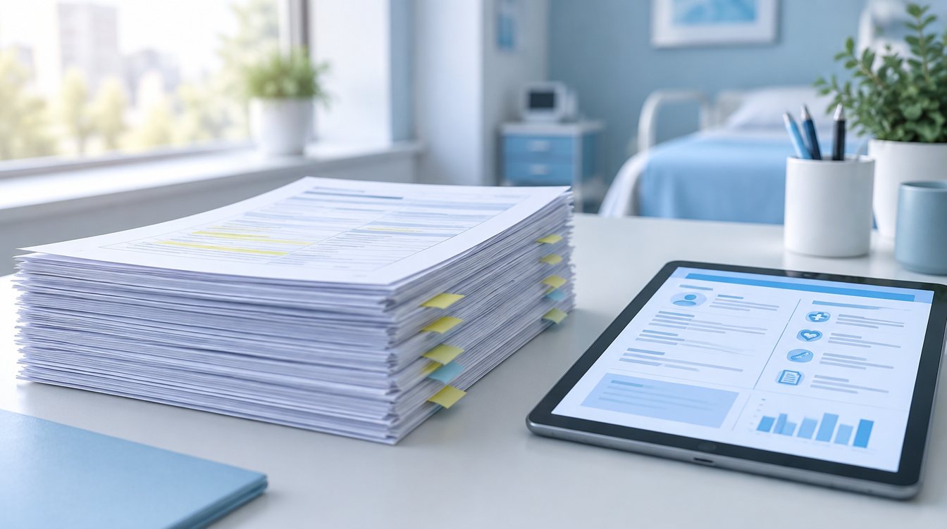 A thick stack of hospital referral paperwork beside a tablet showing a summary